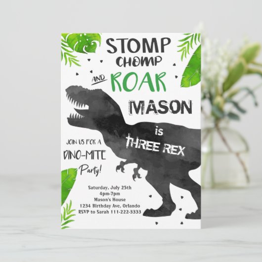 Waterverf Drie-Rex Dinosaurus 3e Verjaardag Uitnod Kaart (Staand voorkant)