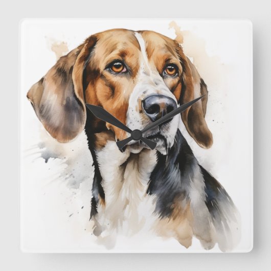 WATERVERF DRIEKLEURIGE FOXHOUND DOG VIERKANTE KLOK (Voorkant)