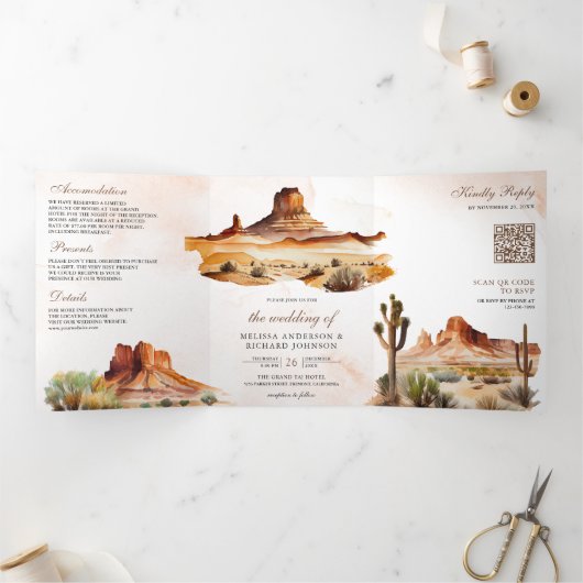 Waterverf - Dringende Bergcactus QR Code Weddensch Drieluik Uitnodiging (Binnen)