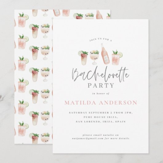 waterverf drink bachelorette party girly roze aankondiging (Voorkant / Achterkant)