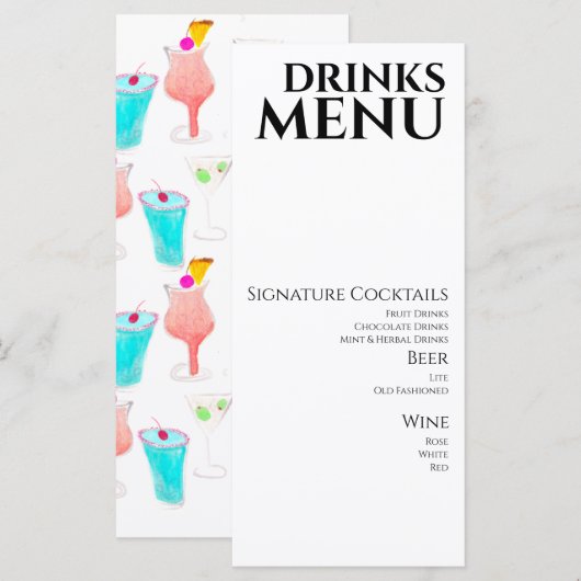 Waterverf Drinken Cocktail Wine Wedding Menu (Voorkant / Achterkant)