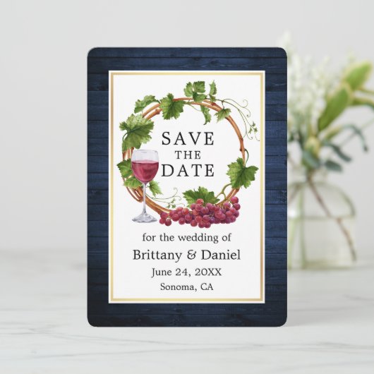 Waterverf druiven met blauw hout save the date (Staand voorkant)