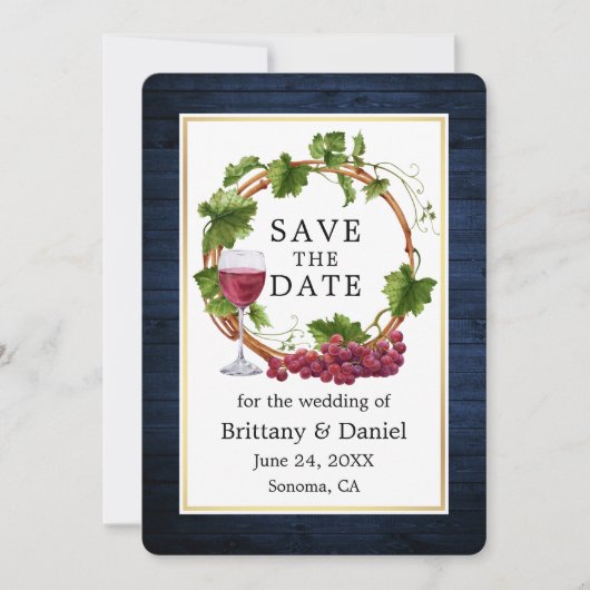 Waterverf druiven met blauw hout save the date (Voorkant)
