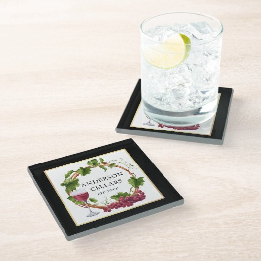 Waterverf Druiven Wijn Cellar Gold Black Glazen Onderzetter (Schuin)