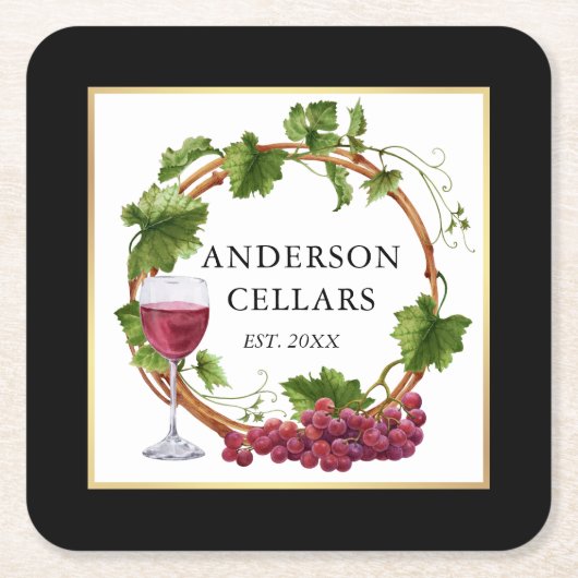 Waterverf Druiven Wijn Cellar Gold Black Kartonnen Onderzetters (Voorkant)