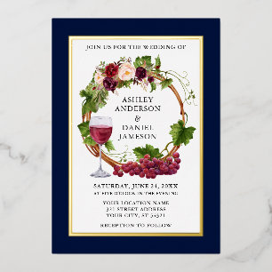 Waterverf Druivenranken Bloemenkrans Blauw Goud Folie Uitnodiging