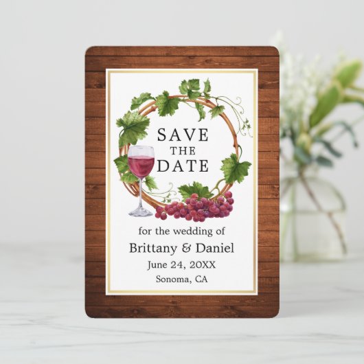Waterverf Druivenwijn met roestvrij hout Save The Date (Staand voorkant)