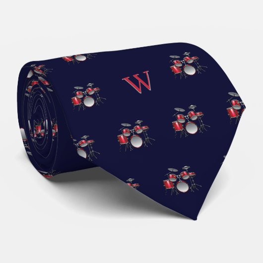 Waterverf Drumstel Jazzmuziek Monogram Blauw Stropdas (Opgerold)