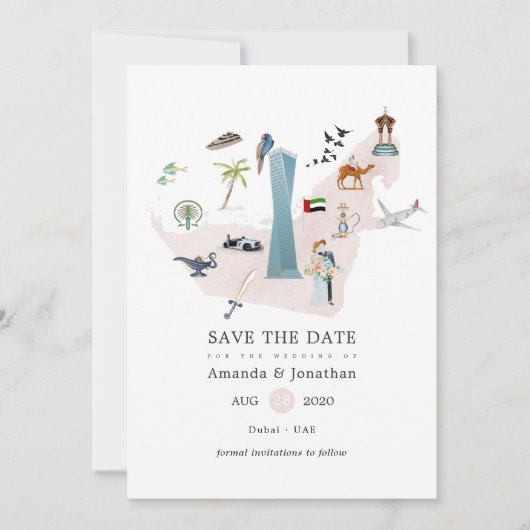 Waterverf Dubai UAE Destination Wedding Save The Date (Voorkant)