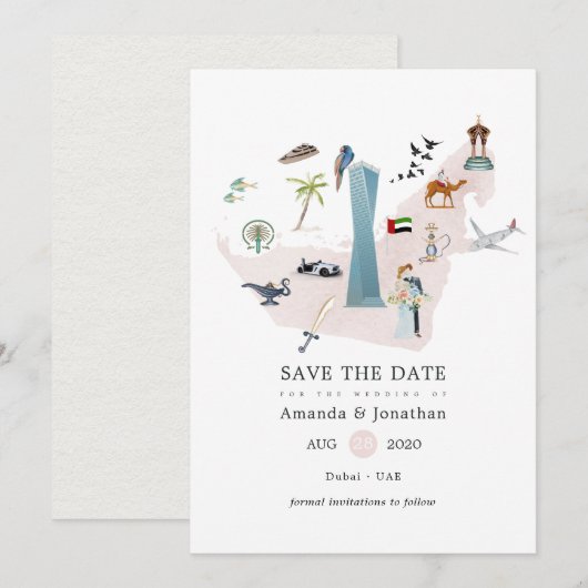 Waterverf Dubai UAE Destination Wedding Save The Date (Voorkant / Achterkant)