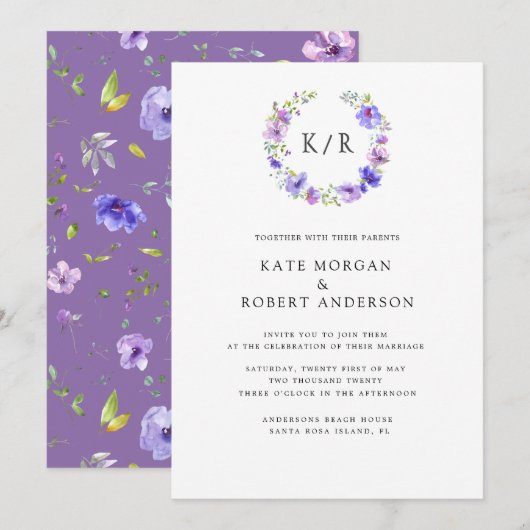 waterverf dubbele monogram violettuin kaart (Voorkant / Achterkant)