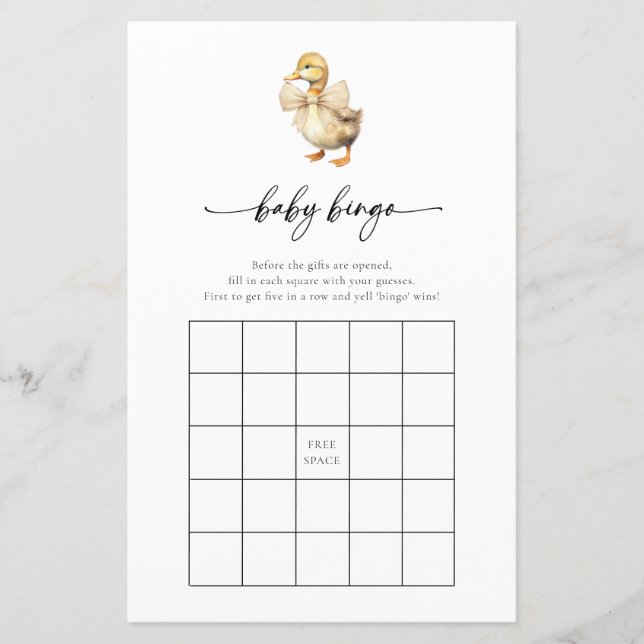 Waterverf Duck Baby shower Bingo Game Kaart (Voorkant)