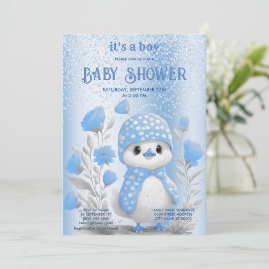 Waterverf Duck Blue Floral Baby shower Uitnodiging (Staand voorkant)