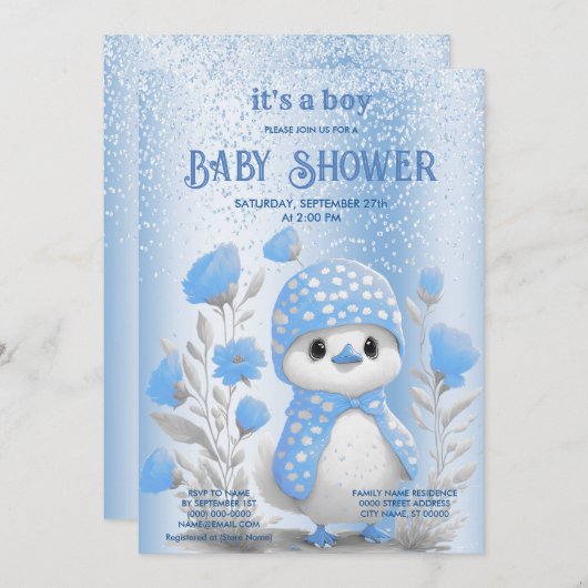 Waterverf Duck Blue Floral Baby shower Uitnodiging (Voorkant / Achterkant)