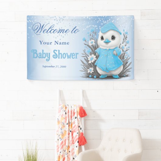 Waterverf Duck Blue Flowers Baby shower Welkom Spandoek (Insitu)