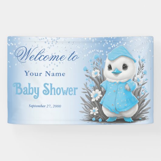 Waterverf Duck Blue Flowers Baby shower Welkom Spandoek (Horizontaal)