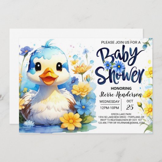 Waterverf Duck Wildflower Baby shower Kaart (Voorkant / Achterkant)