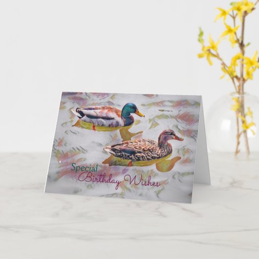 Waterverf Ducks Verjaardag Kaart (Gele Bloem)
