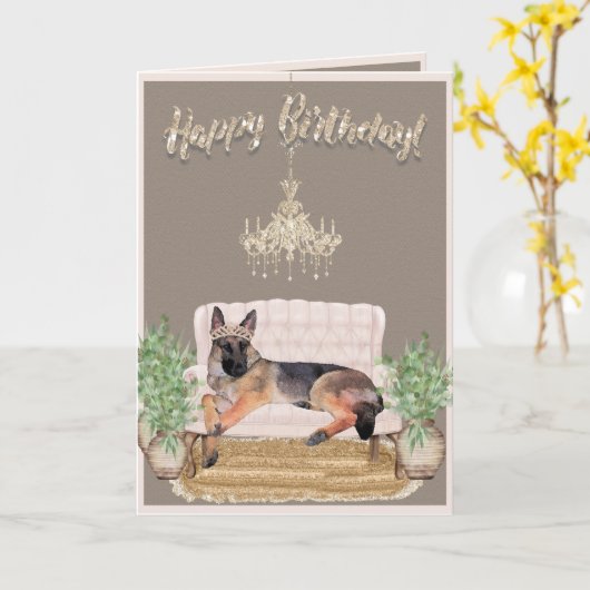 Waterverf Duitse Herder Fun Verjaardag voor Vrouwe Kaart (Gele Bloem)