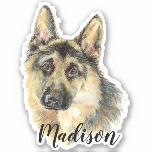 Waterverf Duitse Herder Hond Dier Custom Name Sticker (Voorkant)