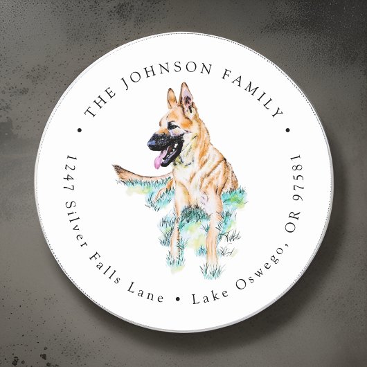 Waterverf Duitse Herder Malinois Retouradres Ronde Sticker