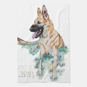 Waterverf Duitse Herder Malinois XOXO Theedoek