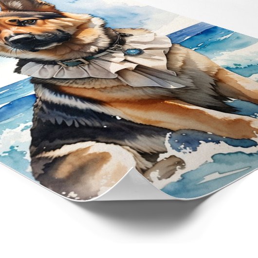 Waterverf Duitse herder op het strand 5 Poster (Hoek)