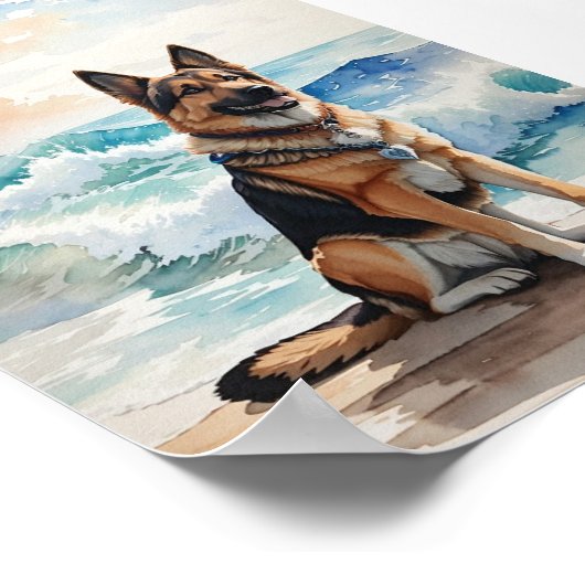 Waterverf Duitse herder op het strand 6 Poster (Hoek)