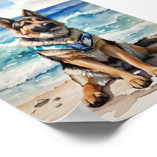 Waterverf Duitse herder op het strand 7 Poster (Hoek)