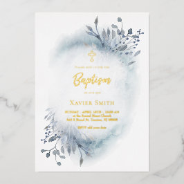 waterverf dusty blauw bladerblad Baptisme Folie Uitnodiging