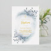 waterverf dusty blauw bladerblad Baptisme Folie Uitnodiging (Staand Voorkant)