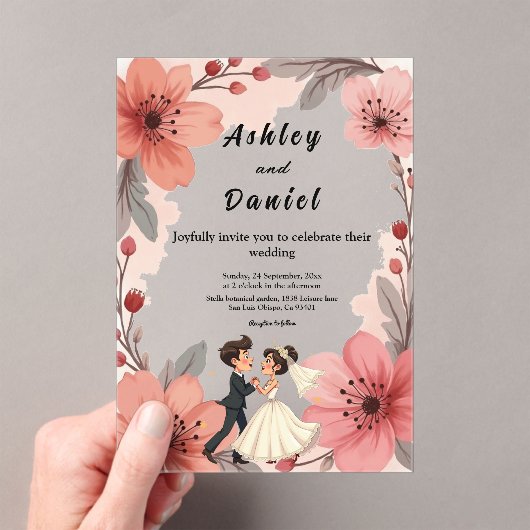 Waterverf Dusty Bloemenbruid en bruidegom bruiloft Acryl Uitnodigingen (Insitu (Draagbaar))