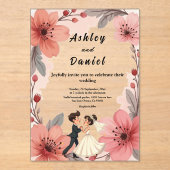Waterverf Dusty Bloemenbruid en bruidegom bruiloft Acryl Uitnodigingen (Voorkant)