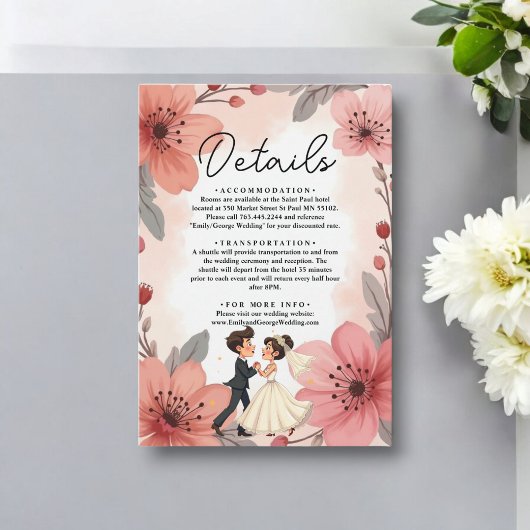 Waterverf Dusty Bloemenbruid en bruidegom bruiloft Informatiekaartje