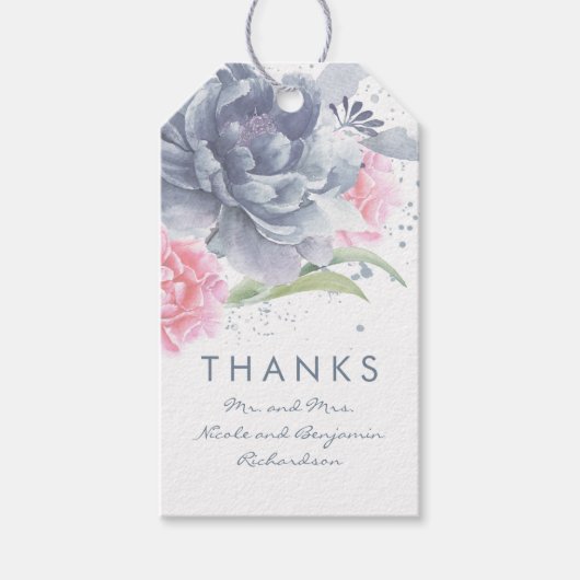 Waterverf Dusty Blue and Pink Flowers Bruiloft Cadeaulabel (Voorkant)