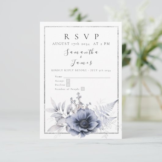 Waterverf Dusty Blue Bohemian Floral RSVP Kaartje (Staand voorkant)
