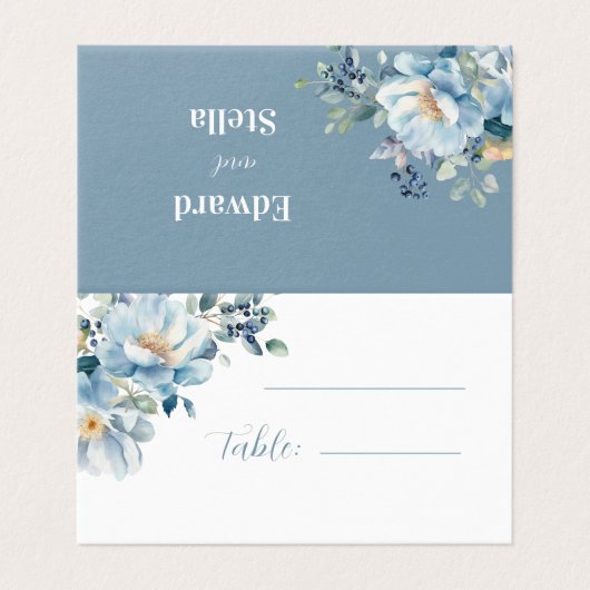 Waterverf Dusty Blue Bohemian Floral Wedding Place Kaart (Buitenkant ongevouwen)