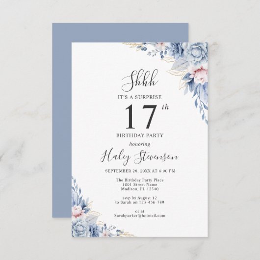 Waterverf Dusty Blue Boho Budget 17e Verjaardag Kaart (Voorkant / Achterkant)