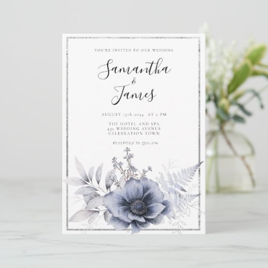 Waterverf Dusty Blue Boho Floral Wedding Kaart (Staand voorkant)