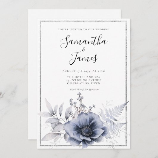 Waterverf Dusty Blue Boho Floral Wedding Kaart (Voorkant / Achterkant)