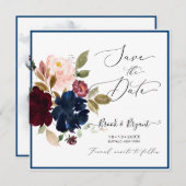 Waterverf Dusty Blue Bourgogne Blush Rozen Kaart (Voorkant / Achterkant)