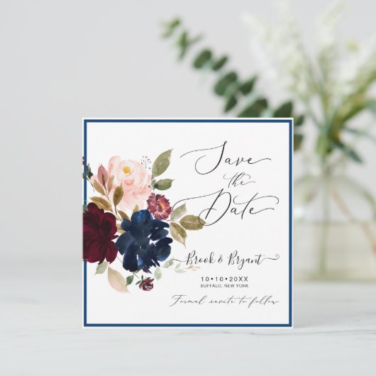 Waterverf Dusty Blue Bourgogne Blush Rozen Kaart (Staand voorkant)