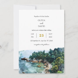Waterverf Dusty Blue Coastal Woodsy Beach Wedding Kaart