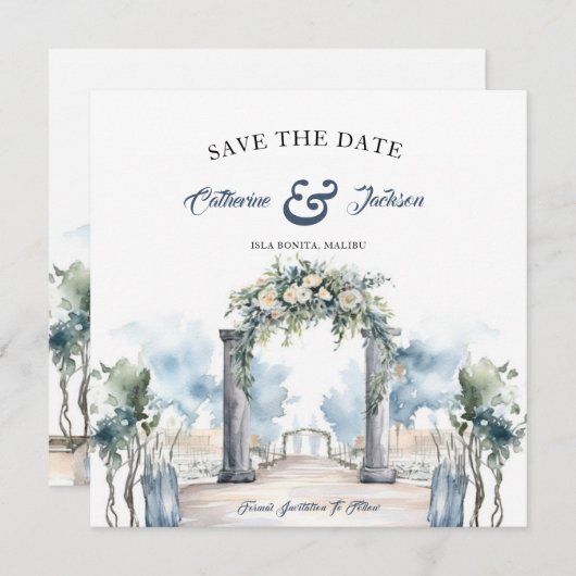Waterverf Dusty Blue en Aqua Beach Bruiloft Save The Date (Voorkant / Achterkant)