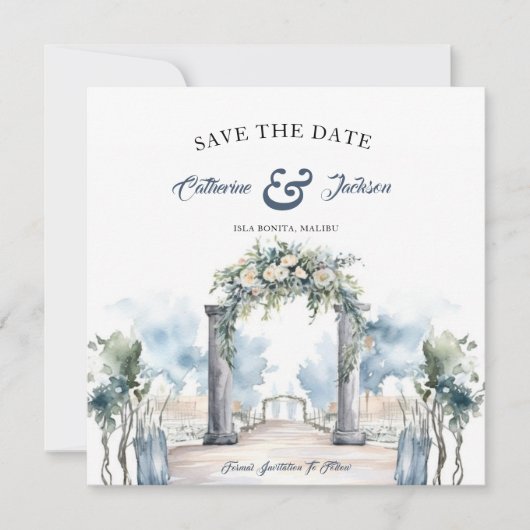 Waterverf Dusty Blue en Aqua Beach Bruiloft Save The Date (Voorkant)