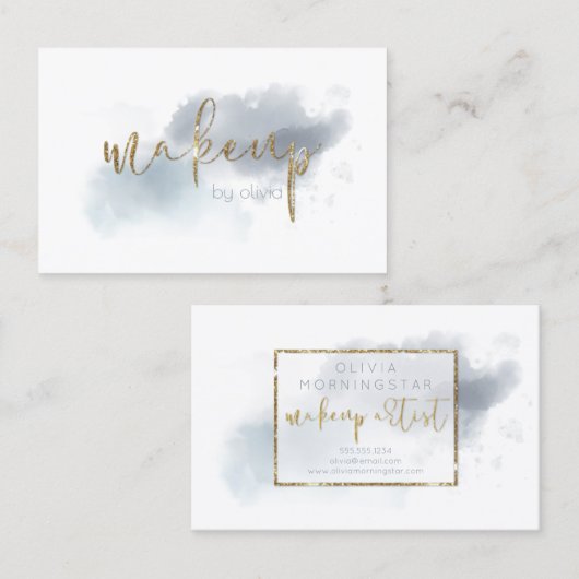 Waterverf Dusty Blue en Gold Makeup Visitekaartje (Voorkant / Achterkant)