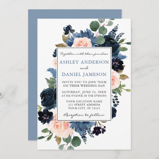 Waterverf Dusty Blue en Pink Floral Wedding Kaart (Voorkant / Achterkant)