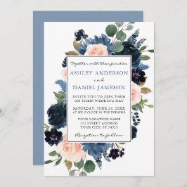 Waterverf Dusty Blue en Pink Floral Wedding Kaart