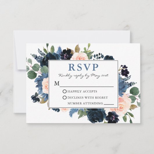 Waterverf Dusty Blue en Pink Floral Wedding RSVP Kaartje (Voorkant)