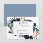 Waterverf Dusty Blue en Pink Floral Wedding RSVP Kaartje (Voorkant / Achterkant)